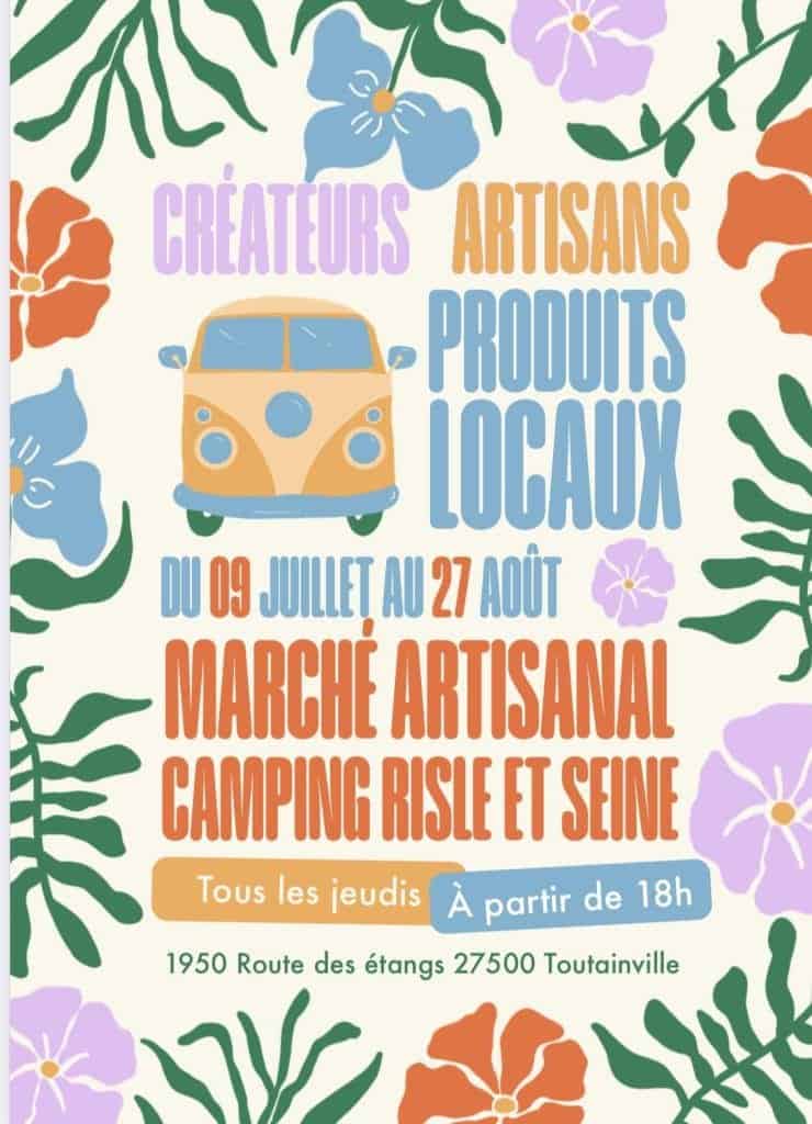 affiche marché artisanal camping de la Risle Toutainville été 2026 Carot's gravure bois