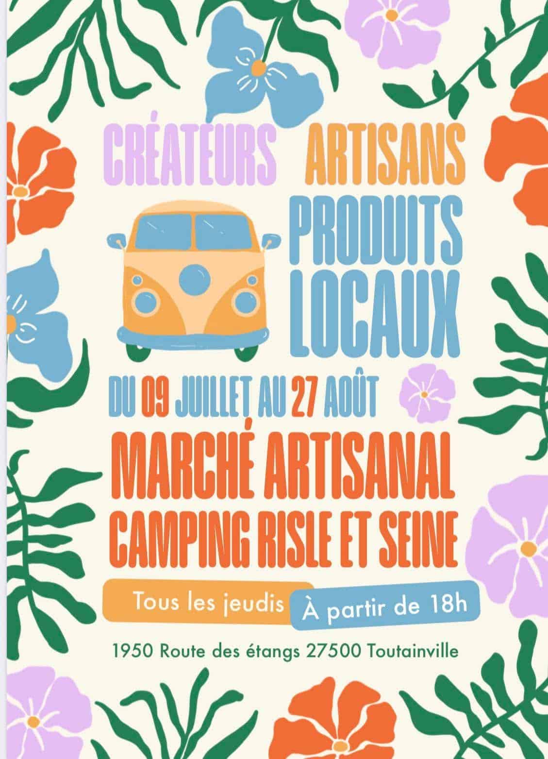 affiche marché artisanal camping de la Risle Toutainville été 2026 Carot's gravure bois